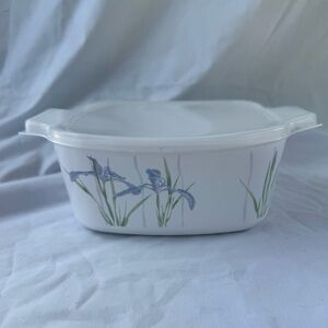 Corningware White Casserole Dish with Blue Floral Iris Pattern